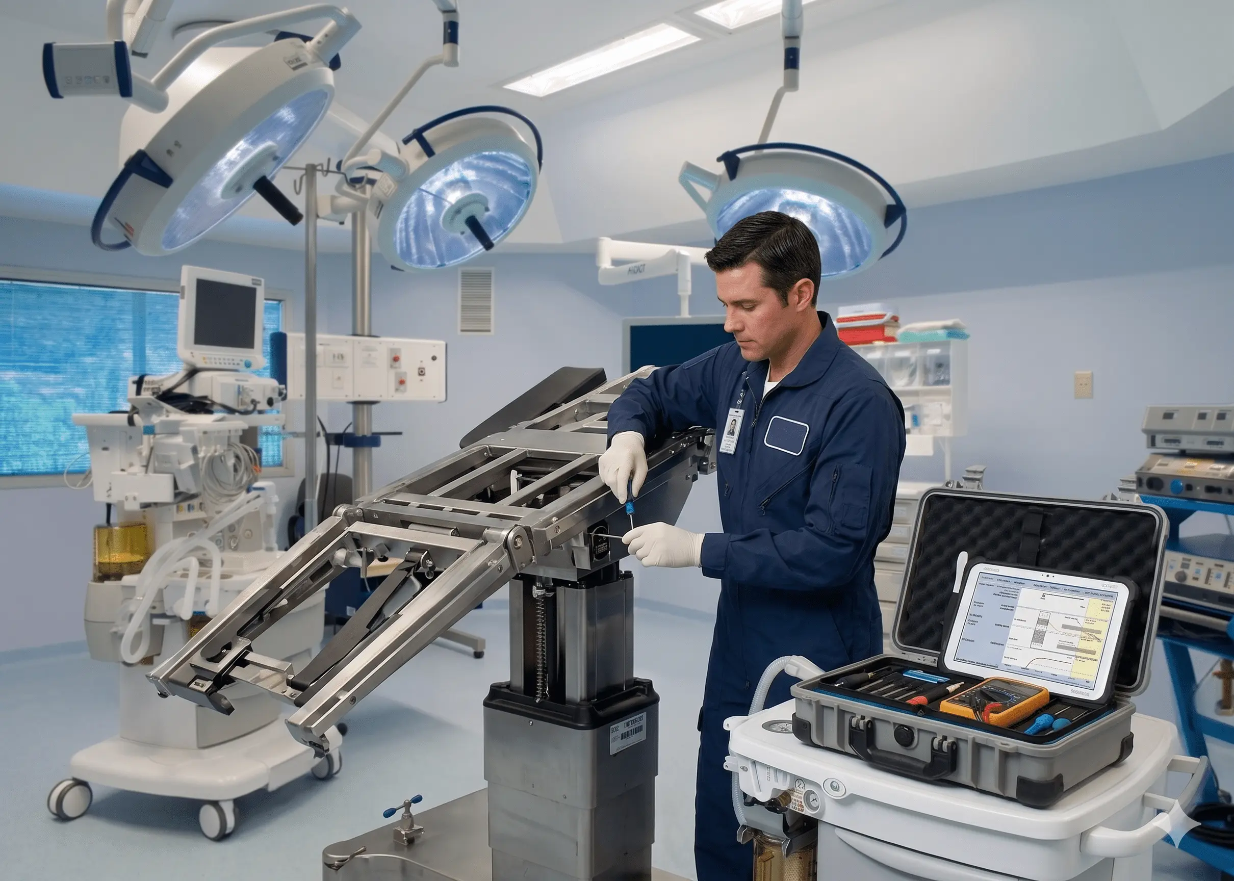 Biomedical technician servicing a surgical table for preventative maintenance and compliance